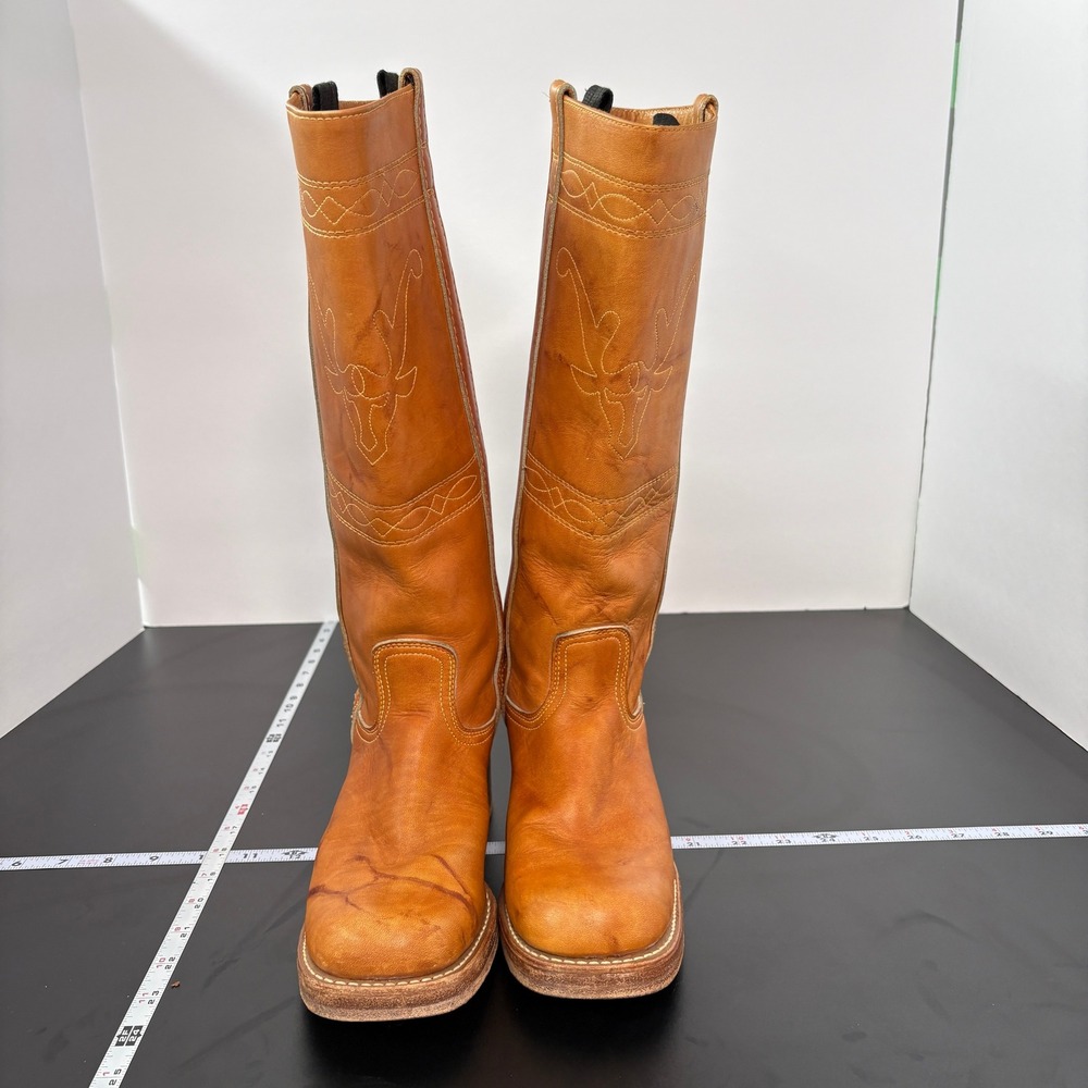 Vintage Womens Western Cowboy Boots 7.5N Tan Leather Longhorn USA Made Campus - Picture 2 of 16